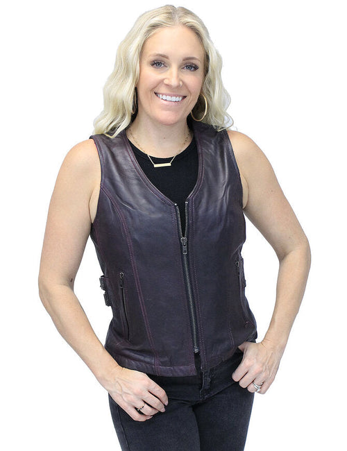 Ladies Roxo Buckled Vest: Premium purple lambskin leather zip vest with dual concealed pockets inside, zip front pockets, but