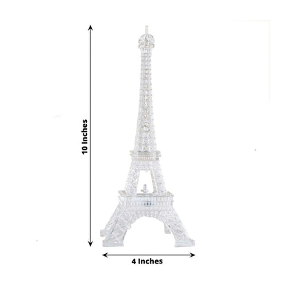 Clear Eiffel Tower replica, 10 inches tall and 4 inches wide.