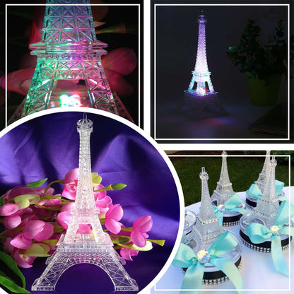 Eiffel Tower light decoration in various settings with flowers and cake.