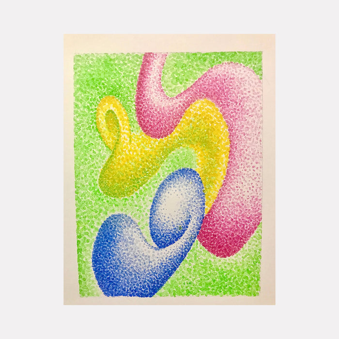 The artwork 'Loose Juice' by Joe Piscopia features vibrant watercolor shapes floating on paper, with flowing organic forms in yellow, pink, blue, and green creating a dynamic pointillist effect. The abstract composition suggests movement through stippled textures and fluid curves, measuring 6 x 4.5 inches.