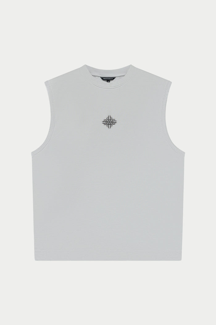 White vest with a black logo on a white background