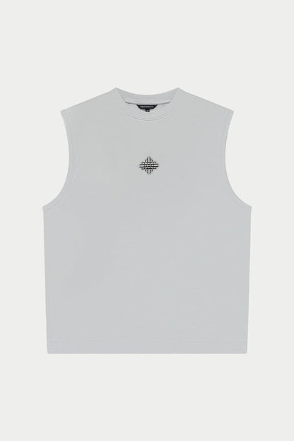 White vest with a black logo on a white background