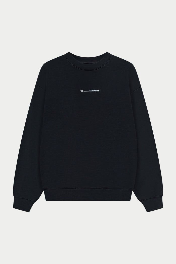 Black sweatshirt with a small logo on a white background