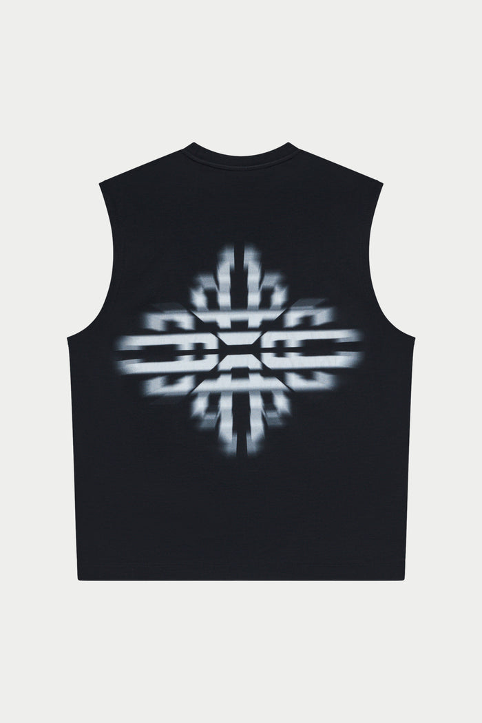 Black vest with a reflective white design on a white background
