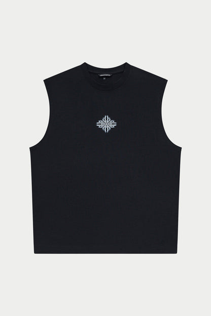 Black vest with a white logo on a white background