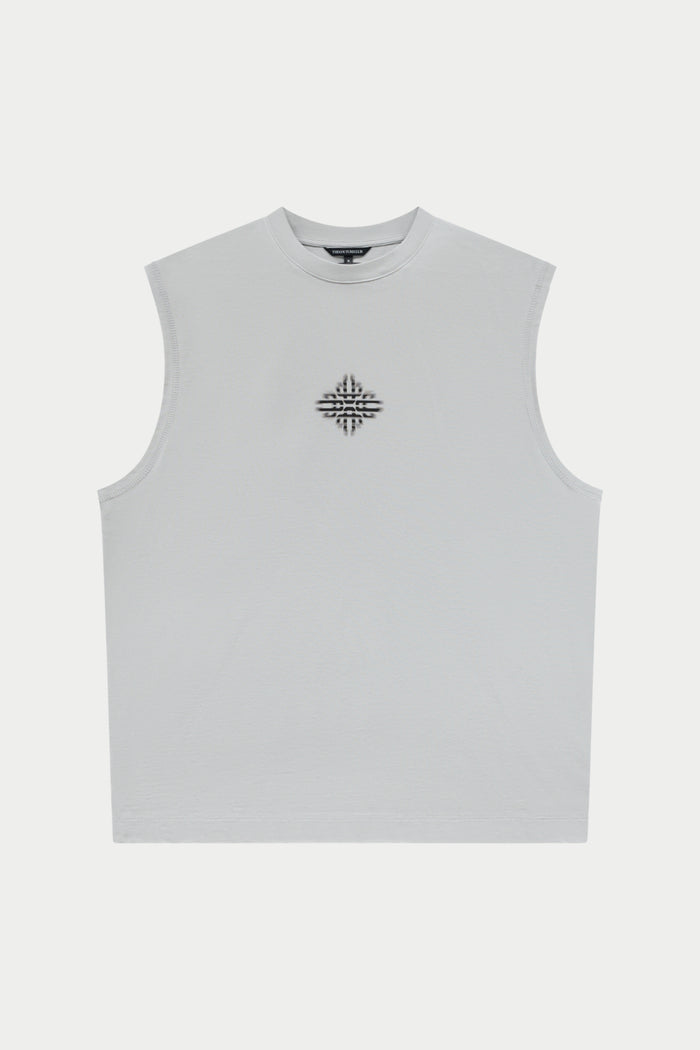 White sleeveless shirt with a black logo on a white background