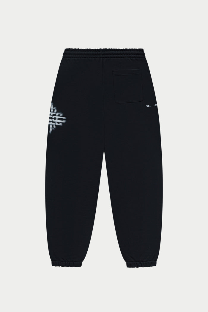 Black sweatpants with a small white logo on a white background