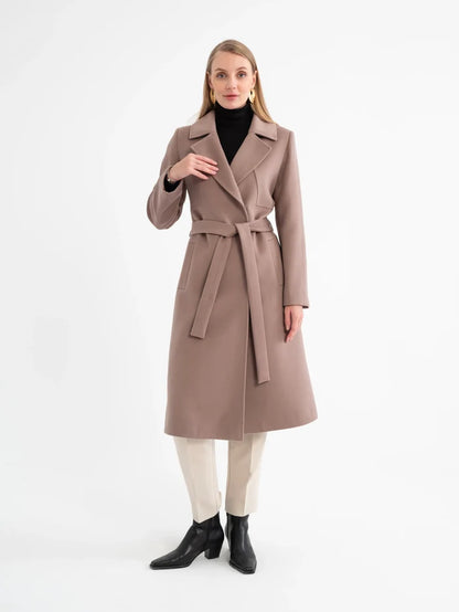 Luxury Wool-Blend Belted Longline Silhouette Wrap Coat