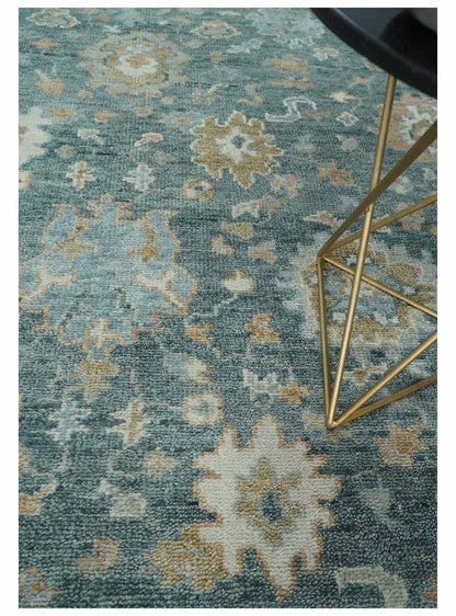 Made to Order Teal, Olive and Silver Antique Style Hand knotted Oushak wool Area Rug