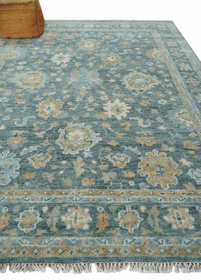 Made to Order Teal, Olive and Silver Antique Style Hand knotted Oushak wool Area Rug