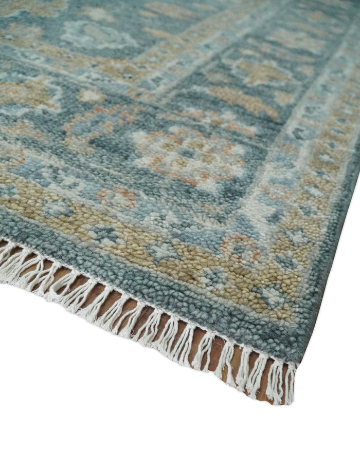Made to Order Teal, Olive and Silver Antique Style Hand knotted Oushak wool Area Rug
