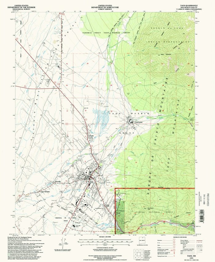 Map of Taos, New Mexico by USGS, 1995 – Taos Pueblo, Carson National Forest & Sangre de Cristo Mountains
