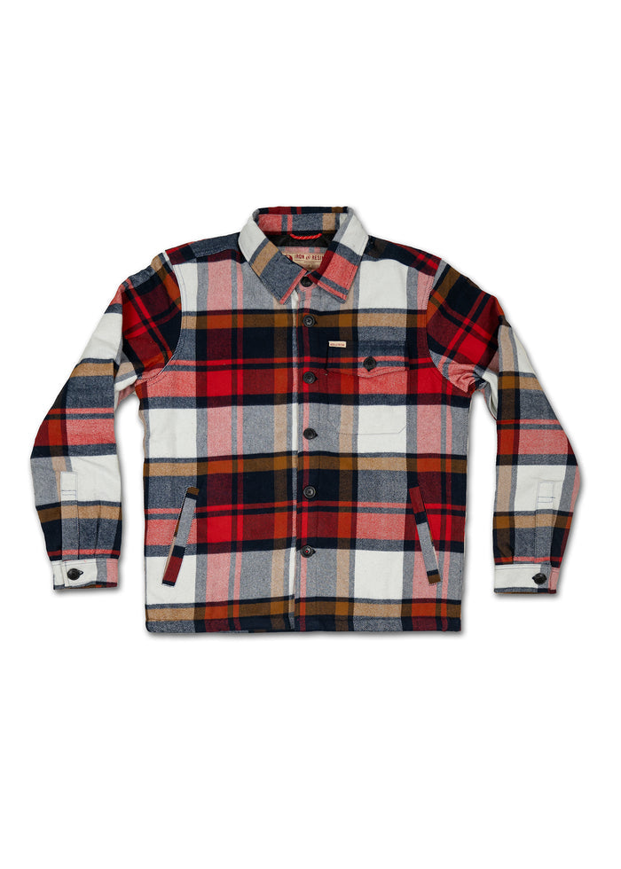 Red, navy, and tan plaid flannel jacket with buttons and pockets, laid flat on a white background.
