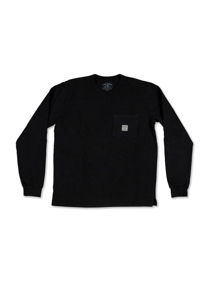 Black long-sleeve shirt with a chest pocket featuring a small logo patch. Simple and casual design, suitable for everyday wear.