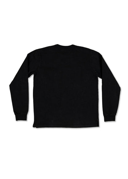 Black long-sleeve shirt shown from the back, featuring a simple, classic design with ribbed cuffs and a straight hem.