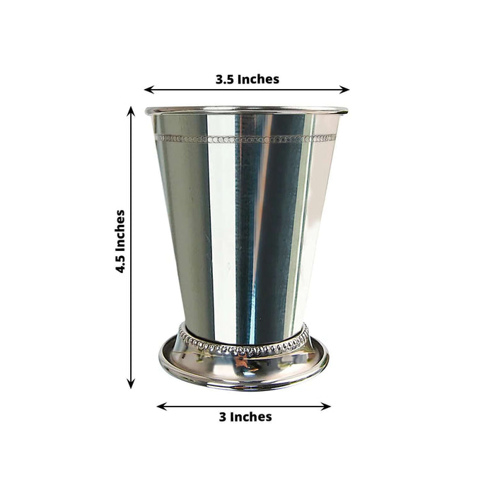 Silver metal ice bucket with measurements: 4.5" height, 3.5" width, 3" base.