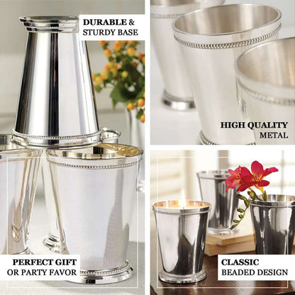 Silver beaded metal cups with sturdy base, perfect for gifts or party favors.