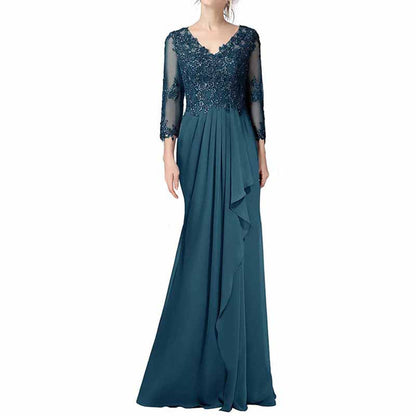Mother of the Bride Dress Wedding Gues Floor Length Lace 3/4 Length Sleeve Prom Dress
