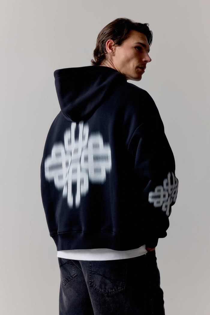 MOTION BLURRED ZIP THROUGH HOODIE - BLACK