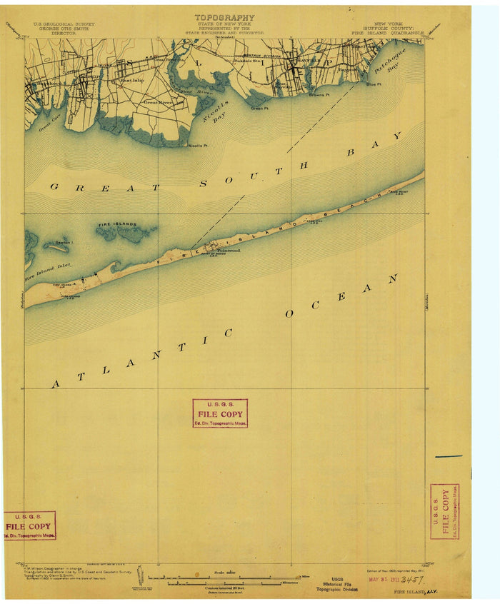 Old Map of Fire Island, New York by USGS, 1911 – Great South Bay, Bay Shore & Patchogue