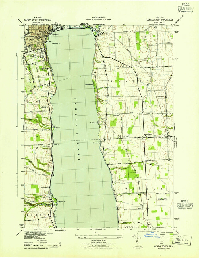 Old Map of Geneva, New York by USGS, 1943 – Seneca Lake & Waterloo