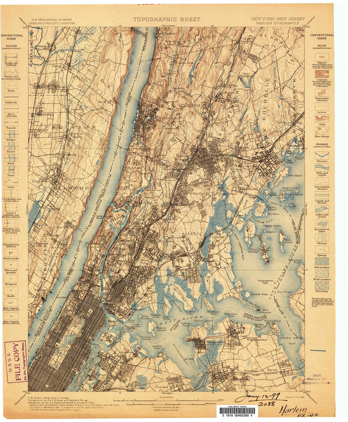 Old Map of Manhattan, New York by USGS, 1898 – Harlem, Upper East Side & Upper West Side