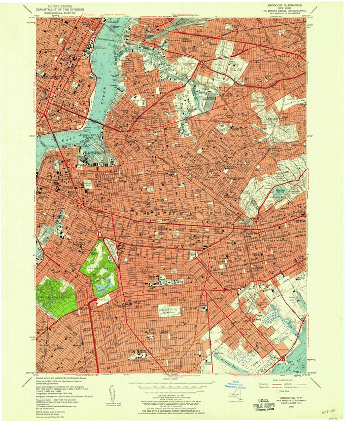 Old Map of Soho, New York by USGS, 1956 – Brooklyn, Central Park & Prospect Park