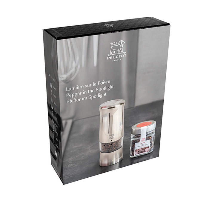 Peugeot Zeli Electric Pepper Mill and Tan Hoi Pepper Jar Gift Set