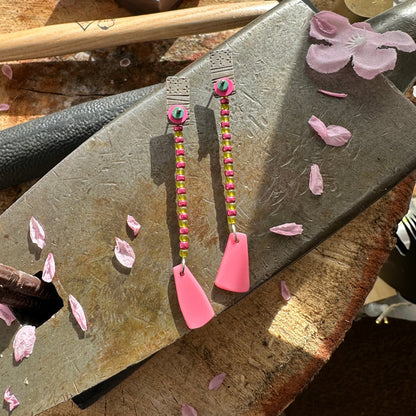 Pink Plexiglass Earrings with Sterling Silver and Beads