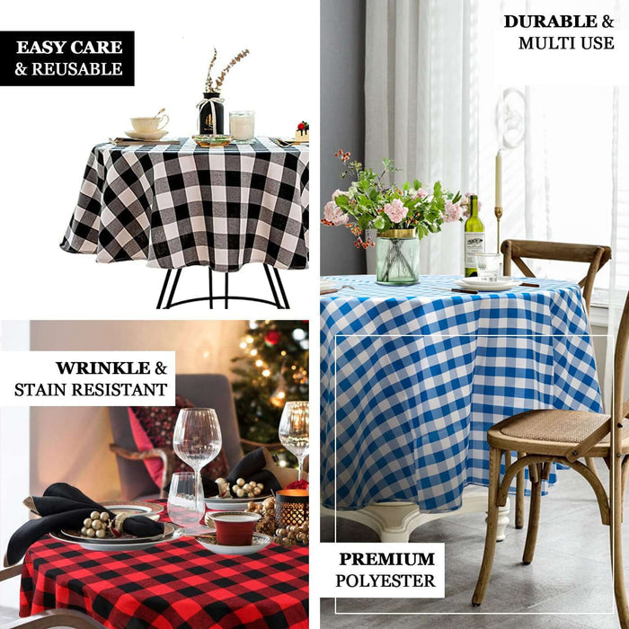 Colorful checked tablecloths in various styles, showcasing durability and versatility.