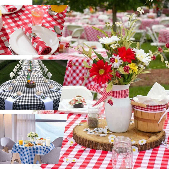 Colorful picnic table setting with checkered tablecloths and floral centerpieces.