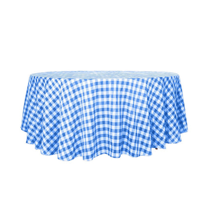 Blue and white gingham tablecloth on a round table