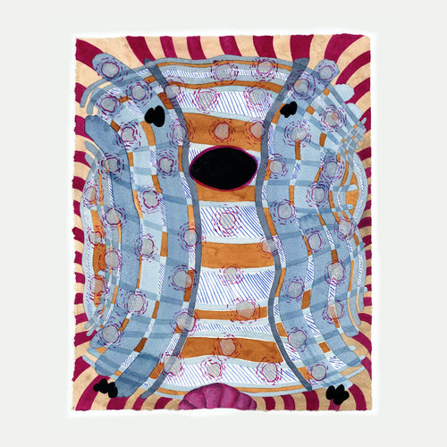 The artwork 'PPR257' by Max Manning features abstract geometric patterns with curved blue pathways adorned with circular motifs, intersected by orange and white striped sections. A central black oval void creates focal contrast, while magenta and cream sunburst rays frame the composition. Watercolor, ink and gouache create delicate textures on Arches paper. By Max Manning