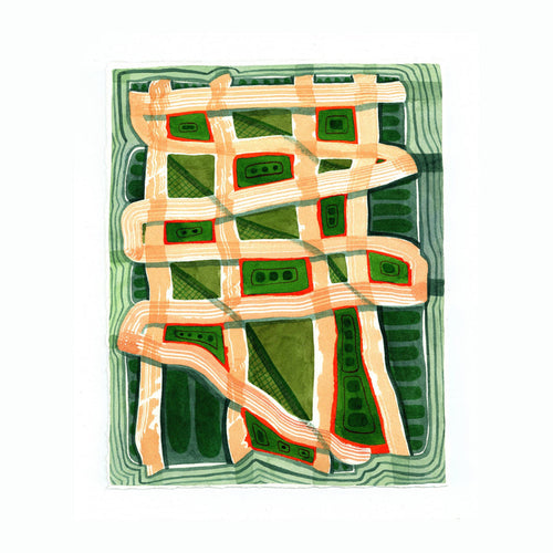 The artwork 'PPR268' by Max Manning features interweaving peach-colored ribbons creating an abstract lattice pattern against a deep emerald green background. Fluid watercolor and gouache strokes combine with precise ink details, forming geometric sections with small rectangular accents throughout the 10x8 inch composition on Arches paper. By Max Manning.
