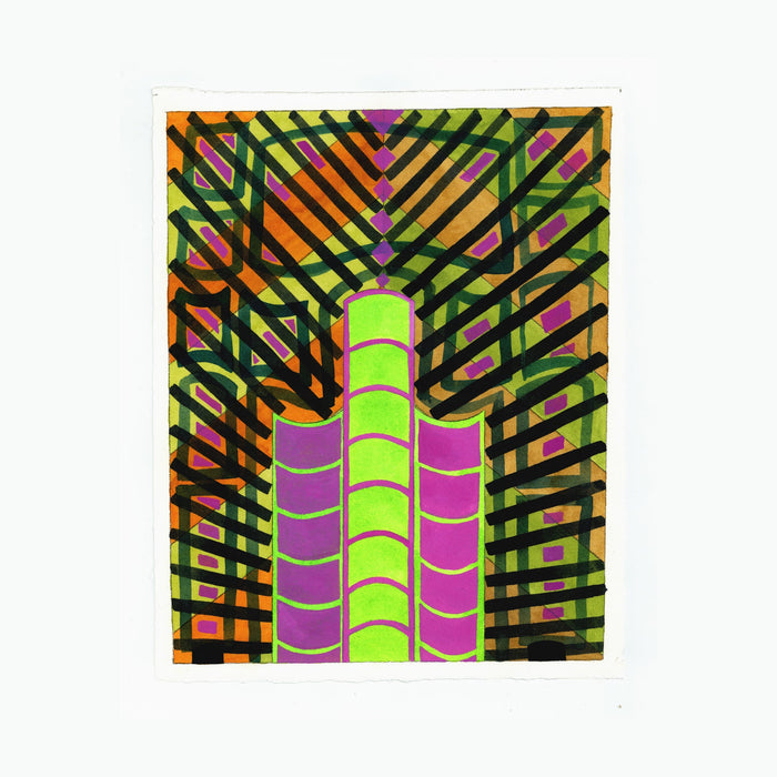 The artwork 'PPR269' by Max Manning features bold geometric patterns with intersecting black diagonal lines creating a dynamic grid effect. A central column of neon green and magenta wavy segments rises vertically, surrounded by radiating orange and green stripes. Created with watercolor, ink and gouache, the composition exhibits vibrant contrasts and architectural elements.