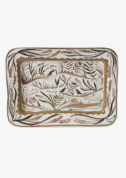 A rectangular ceramic platter with quail and nature pattern in brown.