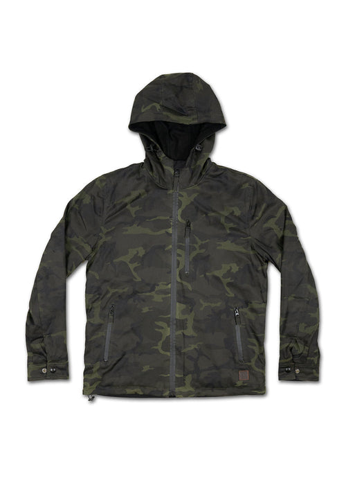 Camouflage jacket with hood, front zipper, and pockets, displayed on a white background, showcasing its outdoor-ready design.