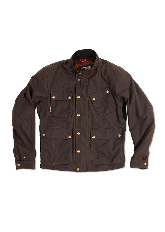 Brown waxed cotton jacket with brass buttons, four front pockets, and a high collar, laid flat on a white background.