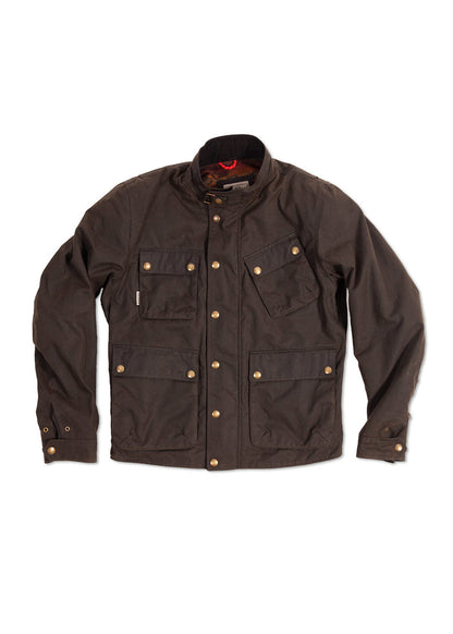 Brown waxed cotton jacket with brass buttons, four front pockets, and a high collar, laid flat on a white background.