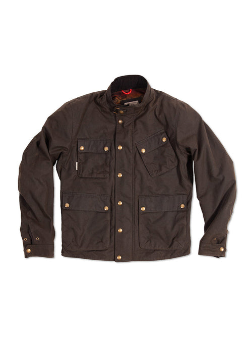 Brown waxed cotton jacket with brass buttons, four front pockets, and a high collar, laid flat on a white background.