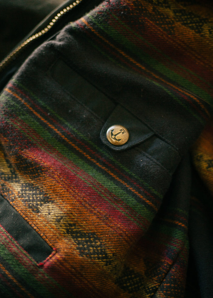 Close-up of a colorful patterned fabric with a metal button featuring an anchor design, highlighting texture and detail.