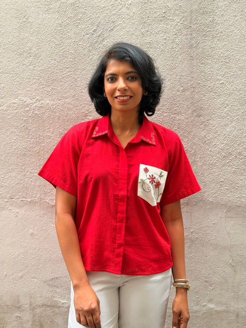 Red Embroidered Cotton Shirt