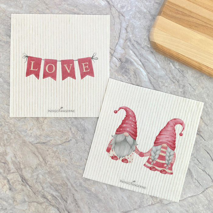 Red Love Banner, Gnome Couple  - 2pk Swedish Dish Cloth