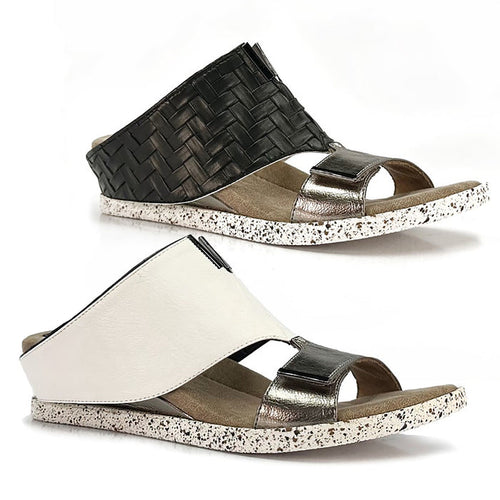 Reversable low wedge sandals, white and black shoes 201100-04-Kleo-000