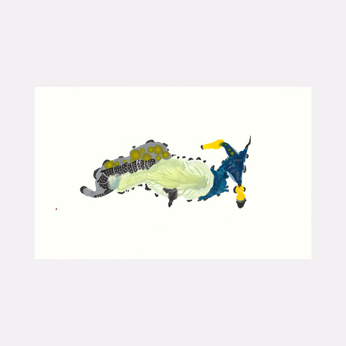 The artwork 'Riding' by Linda Lee Nicholas features an abstract ink composition on paper depicting fluid forms in blue, yellow, and sage green. The design shows flowing, organic shapes suggesting movement, with detailed line work creating textural patterns. The piece combines loose brushstrokes with precise ink details in a horizontal orientation measuring 11x7 inches.