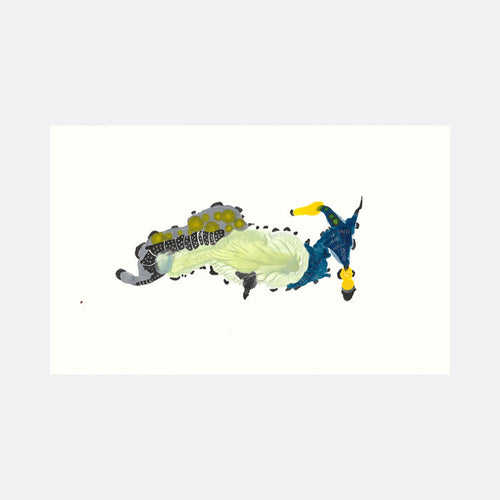 The artwork 'Riding' by Linda Lee Nicholas features an abstract ink composition on paper depicting fluid forms in blue, yellow, and sage green. The design shows flowing, organic shapes suggesting movement, with detailed line work creating textural patterns. The piece combines loose brushstrokes with precise ink details in a horizontal orientation measuring 11x7 inches.
