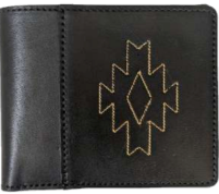 Black leather wallet with a geometric pattern stitched in gold thread on the front, showcasing a stylish and modern design.