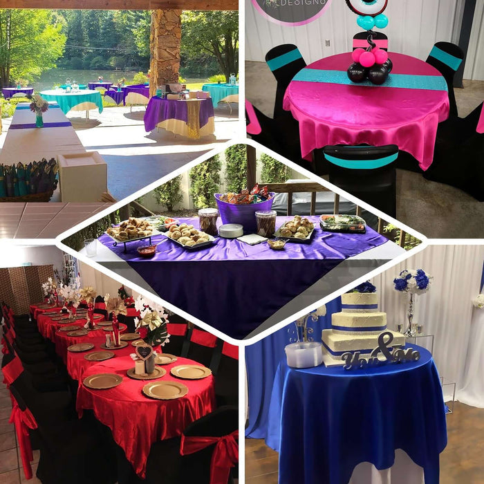 Colorful table setups for events featuring various table covers and decorations.