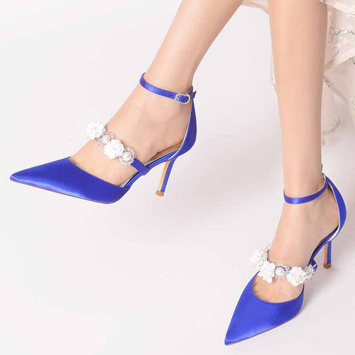 sd-hk satin bridal heels with ankle strap featuring elegant blue satin and floral embellishments