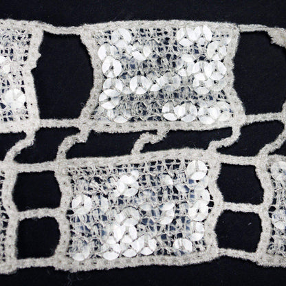 Decorative sequin lace trim in silver and white on a dark background.
